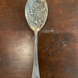 May include: A silver serving spoon with an ornate design of grapes and leaves. The spoon has a beaded handle.
