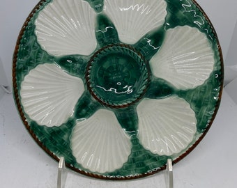 Majolica Oyster Plate In Green And White