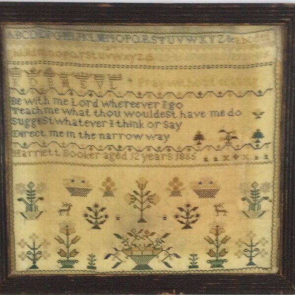 English Sampler Stitched In 1865 0n Linen With Original Frame
