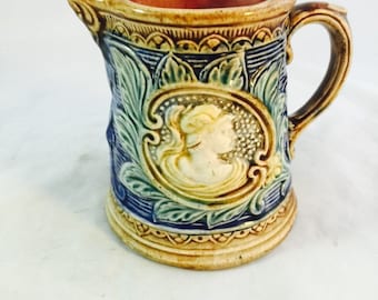 Vintage Majolica/Barbotine pitcher With Roman Gods