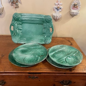 Vintage Asparagus Server And Four Plates