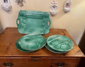 Vintage Asparagus Server And Four Plates