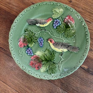 Green Majolica Plate With Birds Among Grapes And Leaves