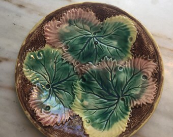 Antique Majolica Plate With Three Leaves