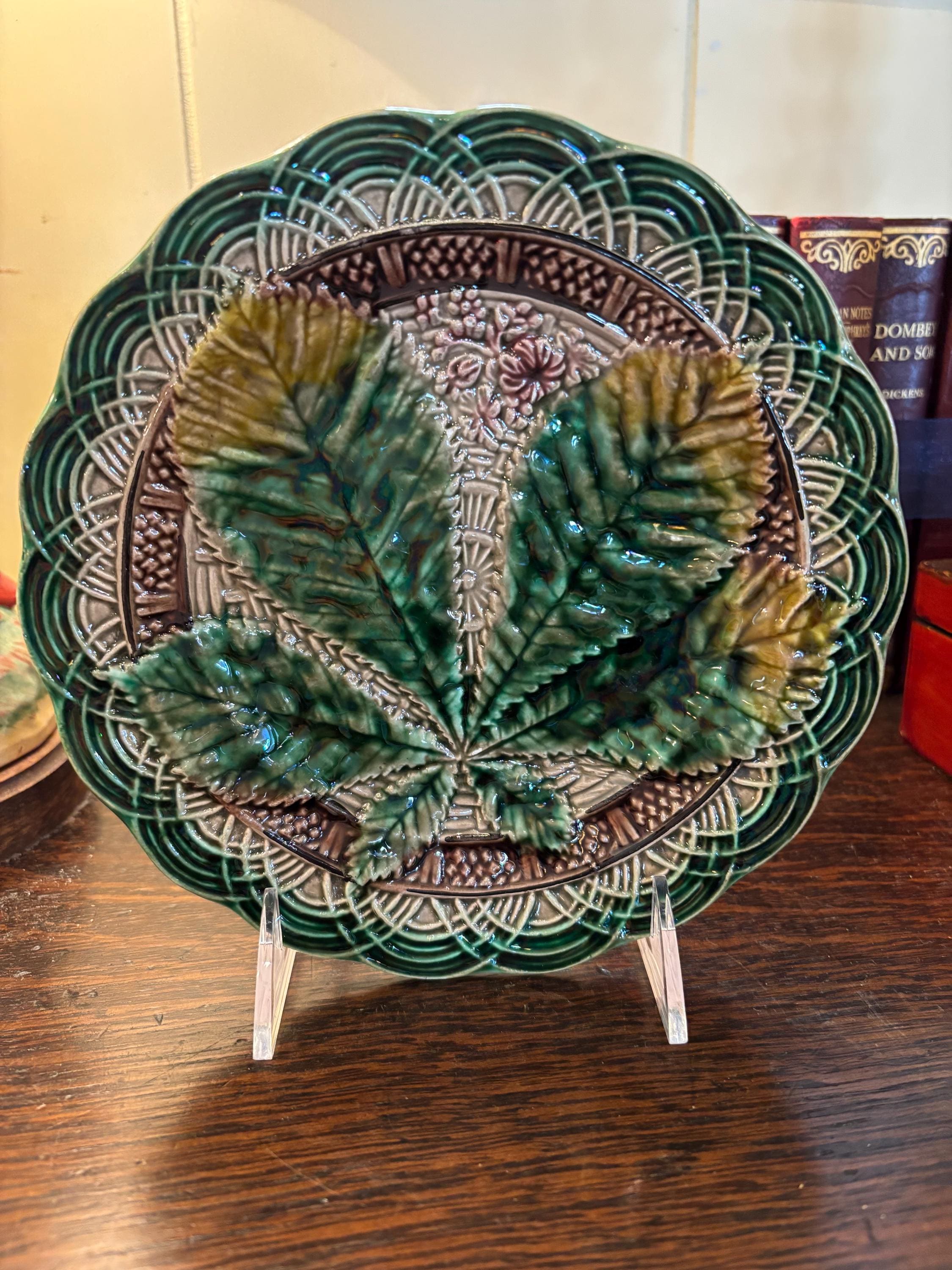 Antique Majolica Plate With Chestnut Leaf
