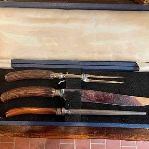 Boxed Set Of Horn Handled carving Set With Knife, Fork And Steel