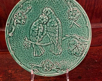 Rare Green Majolica plate With Parrots