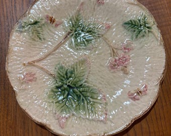 Antique Majolica Plate With Cream Background And Repaired Chip