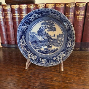 May include: A blue and white ceramic bowl with a detailed landscape scene in the center. The bowl has a floral border and is displayed on a clear acrylic stand. The background includes a collection of antique books.