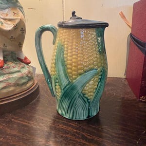 NEW! Majolica Corn Pitcher With Pewter Lid