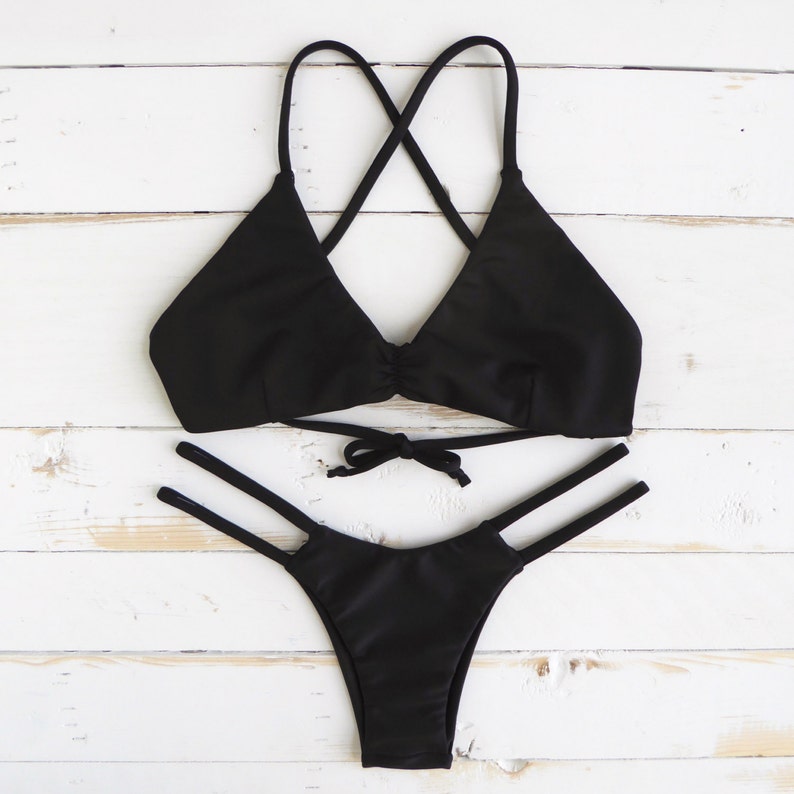 2 Strap High Hip Bikini Bottoms MADE TO ORDER Black // Etsy