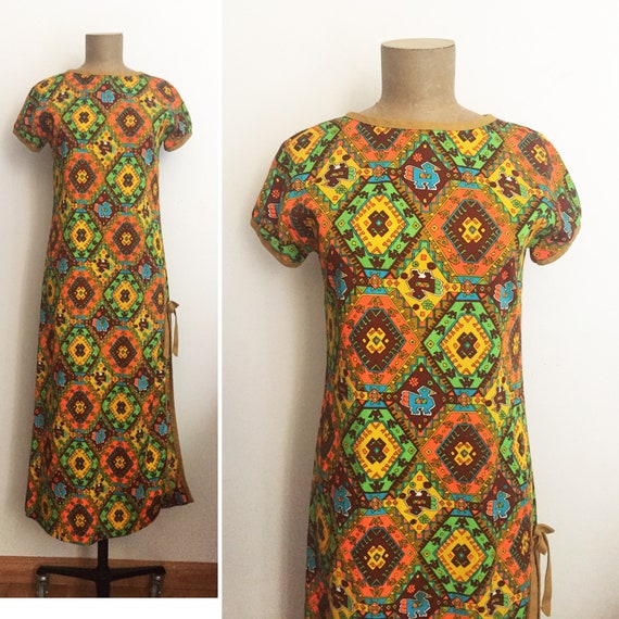 70s Mosaic Long Dress - Bohemian Floral Maxi - Gra