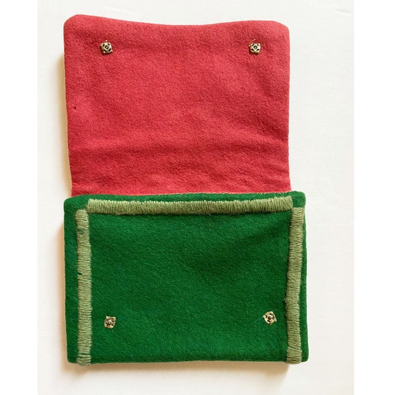 1930s 40s Green Wool Wildflower Embroidered Pouch… - image 5