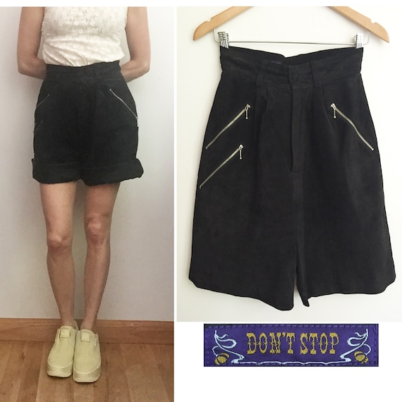 80s DON'T STOP Black Suede Walking Shorts - Zipper