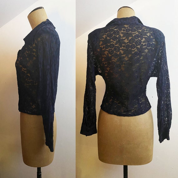 40s Navy Lace Blouse - Wide Collar Sweetheart Nec… - image 4