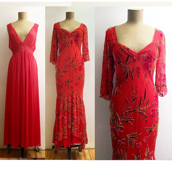 90s Scarlet Red Rose Velvet Burnout Bias Dress - S