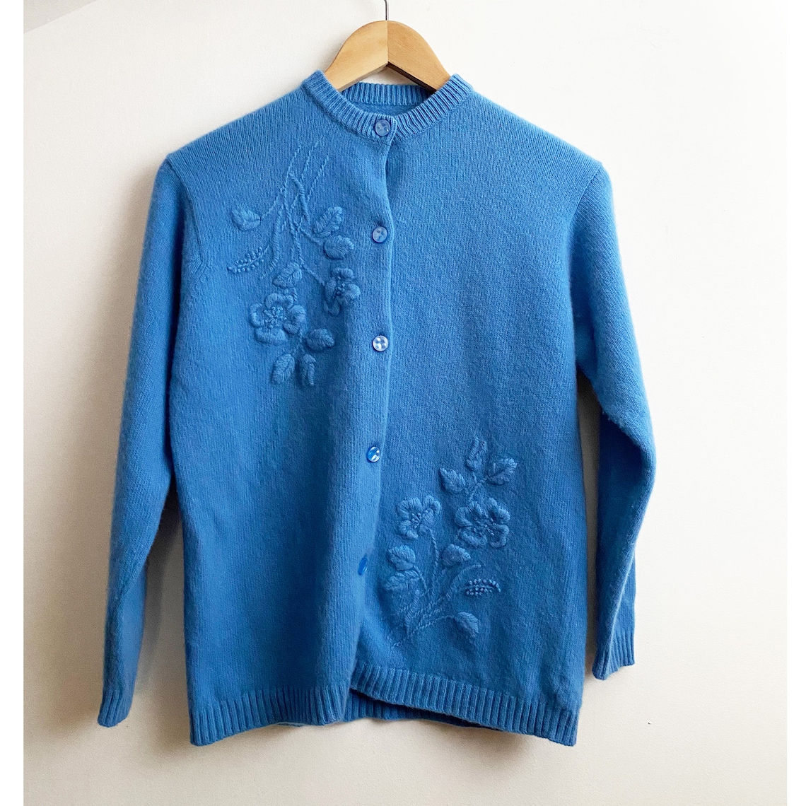 60s Blue Floral Embroidered Cardigan Ribbon Placket Wool Etsy