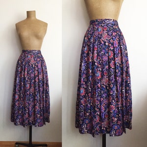 Gonna Skyr Passionflower Dirndl anni '80 - Viola Blu Rosso Stampa Midi - Gonna a pieghe