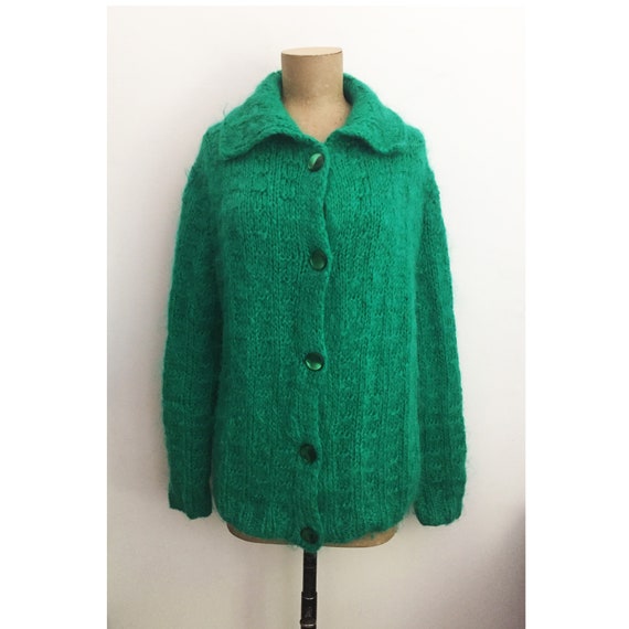 50s 60s Mohair Sweater - Hand Knit Emerald Green C