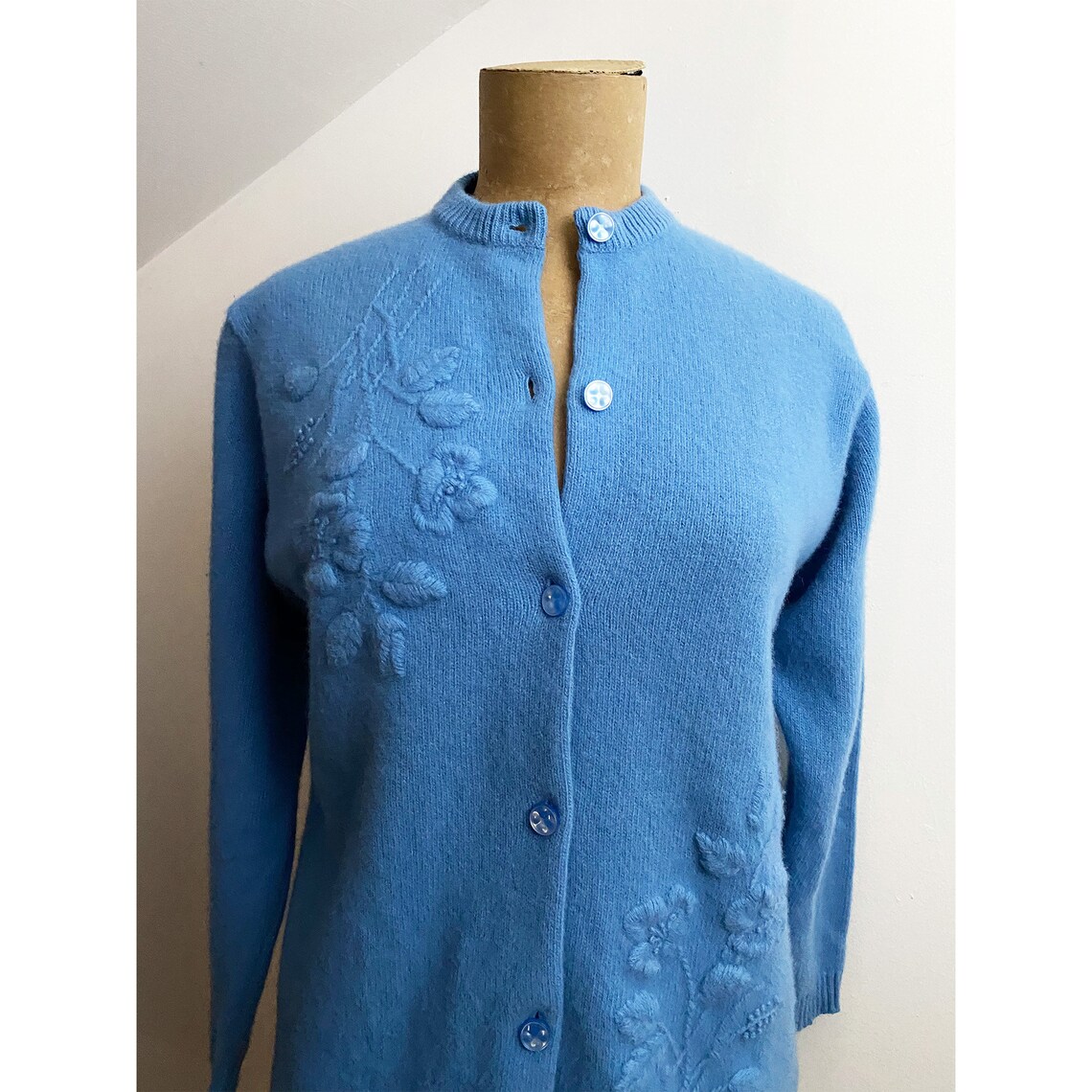 60s Blue Floral Embroidered Cardigan Ribbon Placket Wool Etsy