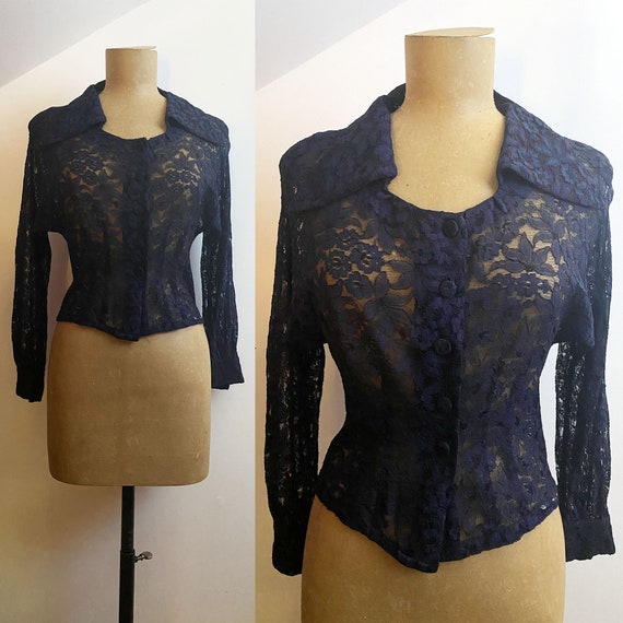 40s Navy Lace Blouse - Wide Collar Sweetheart Nec… - image 1