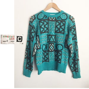 80s CREAZIONI Knit ROMA Turquoise Sweater - Memphis Design Wool Intarsia Jumper - Made in Italy
