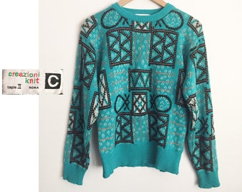 80s CREAZIONI Knit ROMA Turquoise Sweater - Memphis Design Wool Intarsia Jumper - Made in Italy