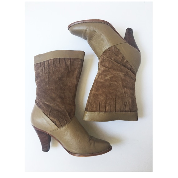 Suede Mid Calf Slouch Boots Taupe Brown 