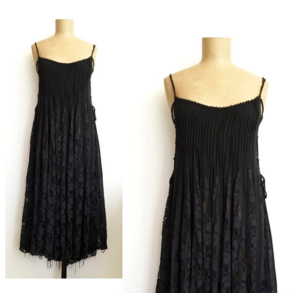 90s black LACE UP tent dress - vintage lace inset
