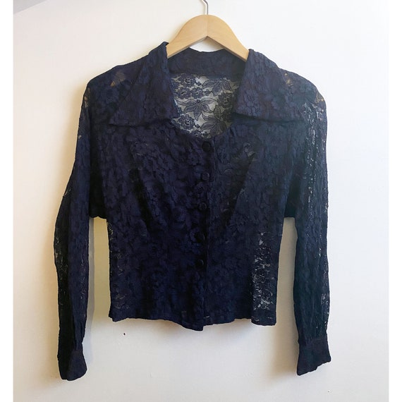40s Navy Lace Blouse - Wide Collar Sweetheart Nec… - image 5