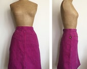80s SASSON jeans MINI skirt - vintage engineer striped skirt - dark pink and indigo LOGO 26 Inch Waist