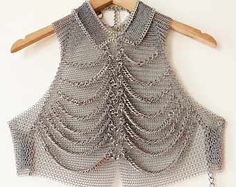Falconiere Gilet di maglia di maglia color argento con gabbia toracica - Cavezza a catena con colletto - Realizzato su ordinazione 3 - 6 settimane