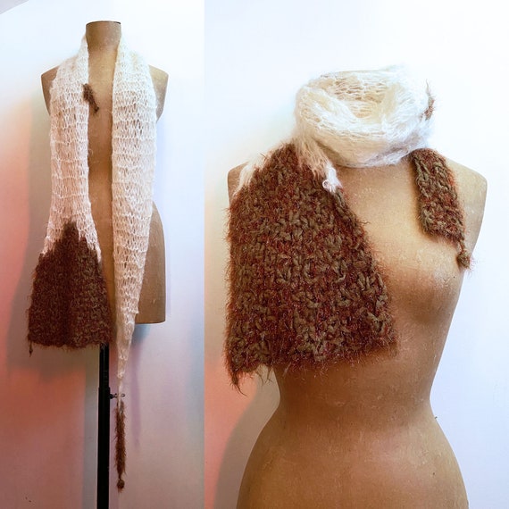 Hand Knit Mohair Fiber Art Scarf - Long Skinny Sp… - image 1