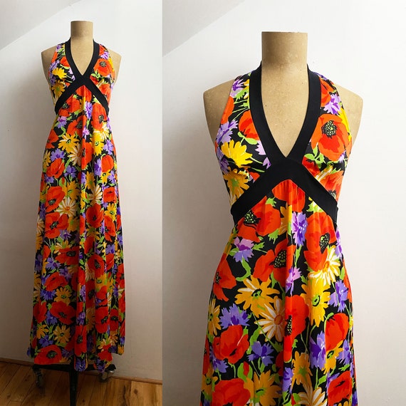 1970s Olga Long Floral Dress - Empire Waist Racer
