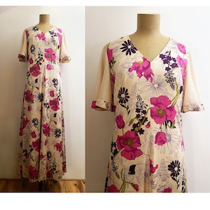 60s Bell Sleeve Rose Poppy Floral Maxi - Garden Party Long Dress 31 Inch Waist