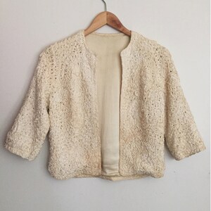 60s RIBBON KNIT silk box jacket - Vintage cream formal bolero - Ivory evening cardigan