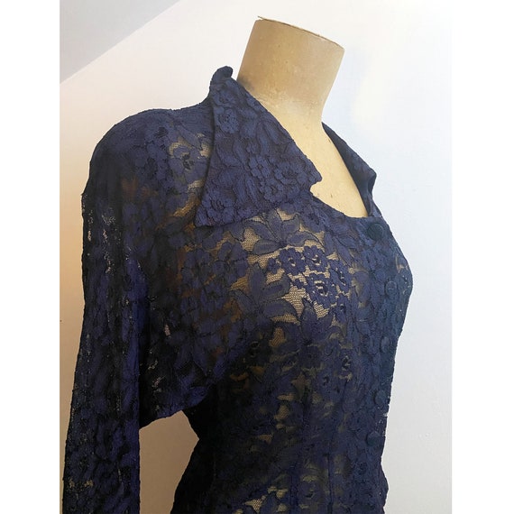 40s Navy Lace Blouse - Wide Collar Sweetheart Nec… - image 2