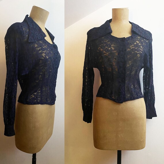 40s Navy Lace Blouse - Wide Collar Sweetheart Nec… - image 3