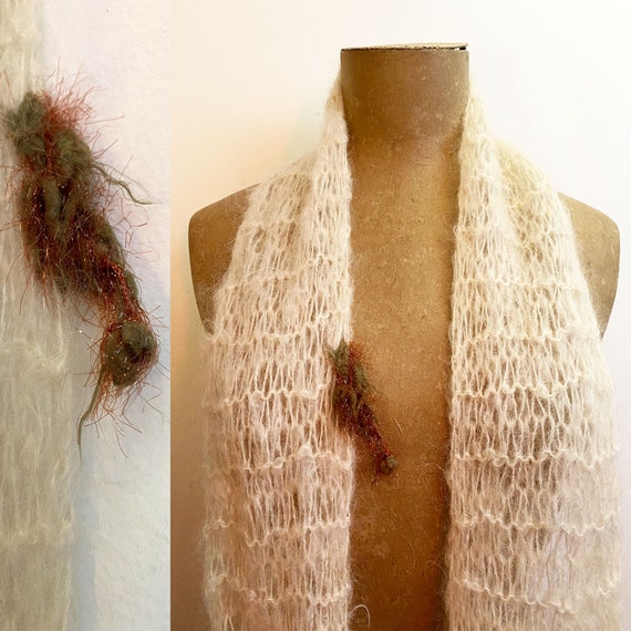 Hand Knit Mohair Fiber Art Scarf - Long Skinny Sp… - image 4