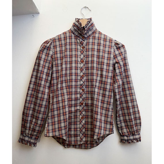 1980s JR'S Plaid Ruffled Prairie Blouse - High Nec