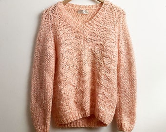 1960s Hand Knit Pink Mohair Wool Sweater - V Neck Jumper Made in Italy