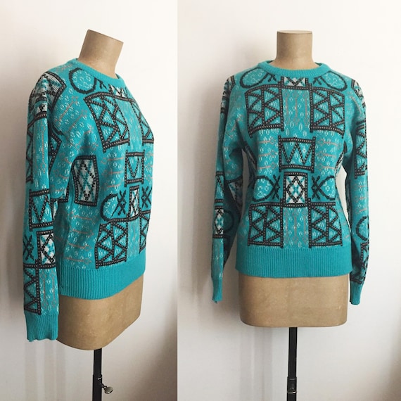 soe INTARSIA KNIT FLOWER ライトブルーTURQUOISE 80s CREAZIONI Knit ROMA Turquoise Sweater - Memphis Design