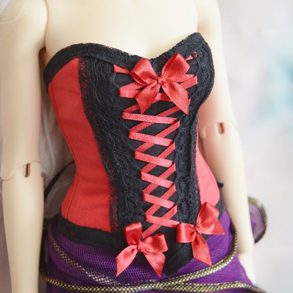 Iplehouse SID corset - SD BJD 1/3 girl doll - Victorian corset with boning - Black and Red bustier with lace - romantic princess