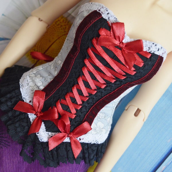 Iplehouse SID corset - SD BJD 1/3 girl doll - Victorian corset with boning - Black and Red bustier with lace - romantic princess