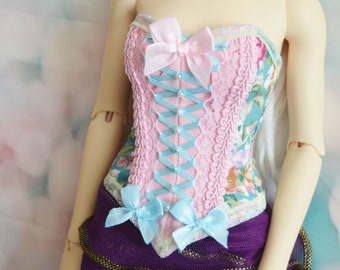 Iplehouse SID corset - SD BJD 1/3 girl doll - Victorian corset with boning - PInk and Pastel Blue bustier with lace - romantic princess