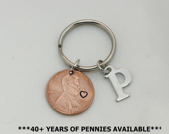 Initial Keychain, Anniversary Gift, Penny Keychain, Keychain For Him, Lucky Gift, Keychain Men, Keychain Mom, Lucky Penny, YOU CHOOSE YEAR