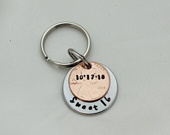 Personalized Sweet 16 Penny Keychain, Birthday Gift, Choose Year
