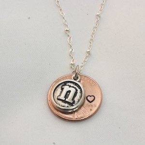Initial Necklace, Penny Gifts, Initial Jewelry, Initial Pendant, Personalized Gift, Penny Charm, Initial Bar Necklace, YOU CHOOSE YEAR