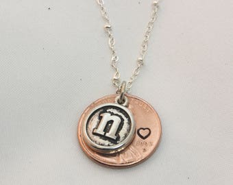 Initial Necklace, Penny Gifts, Initial Jewelry, Initial Pendant, Personalized Gift, Penny Charm, Initial Bar Necklace, YOU CHOOSE YEAR