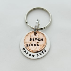 Funny Gift, 50th Birthday 1976, 50th Birthday Women, Hand Stamped Keychain, Penny Keychain, 50th Birthday Keychain, YOU CHOOSE YEAR immagine 1